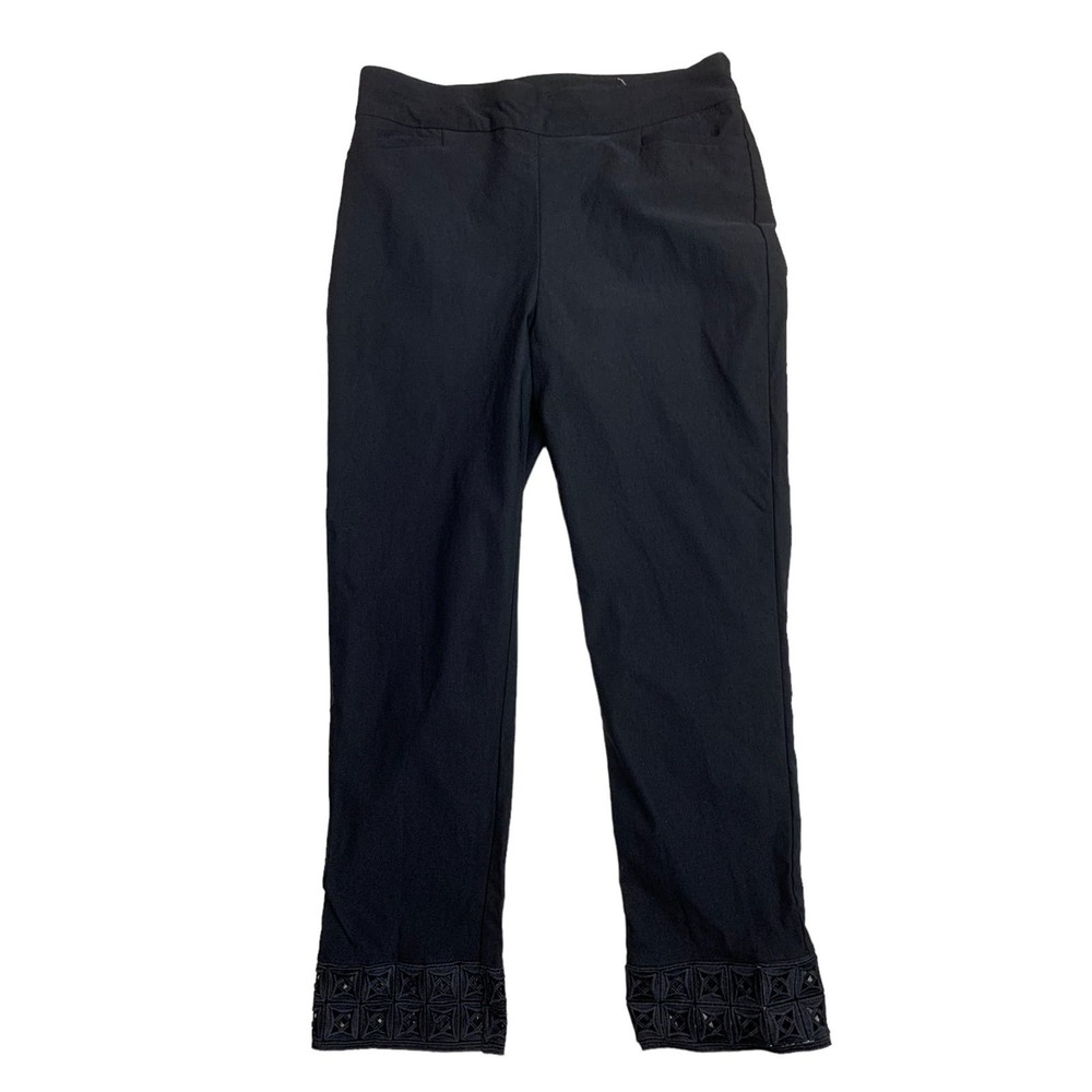 Chicos women size 8 Black Ankle Pants 4 Way stretch Lace Trim High Rise Pull On